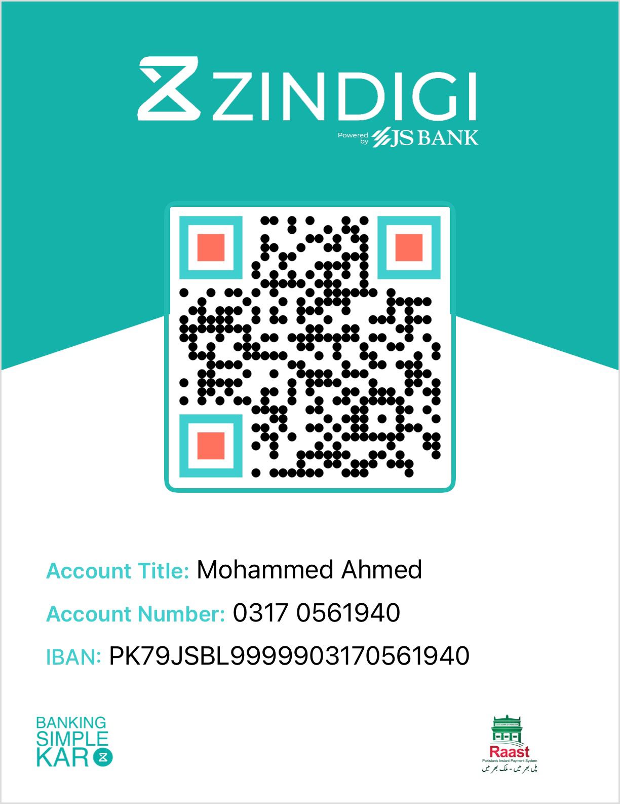 Zindagi by JS Bank payment QR code for Mohammed Ahmed