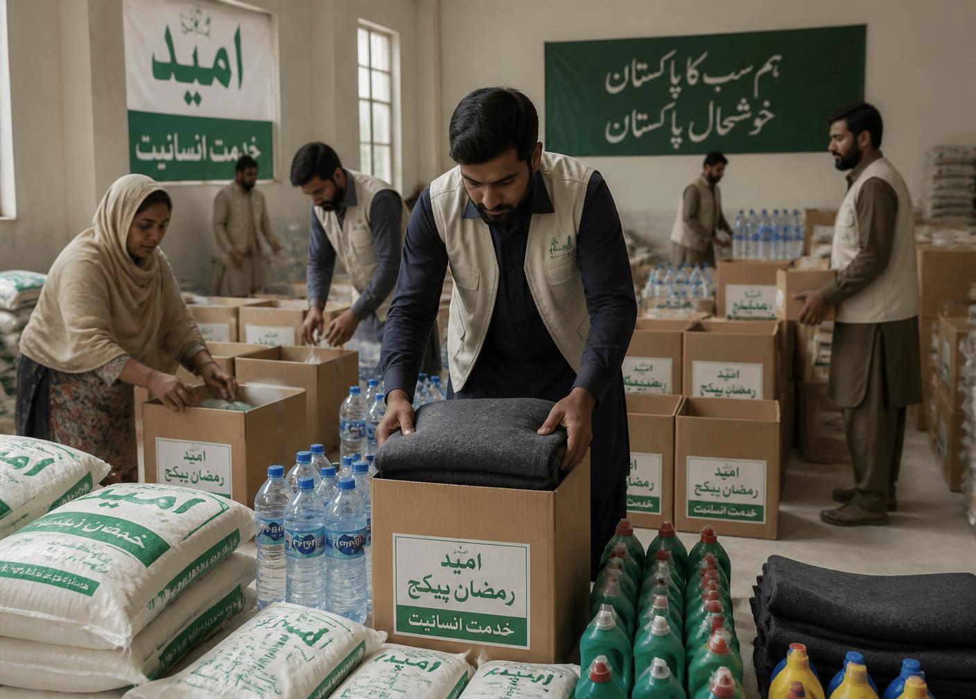 Volunteers packing relief supplies including flour, drinking water and blankets